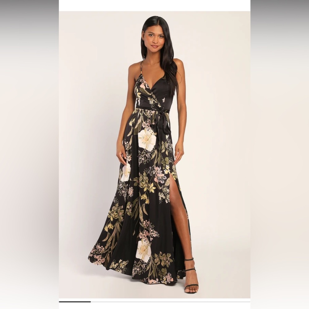 LuLus Still the One Black Floral Print Satin Maxi Dress